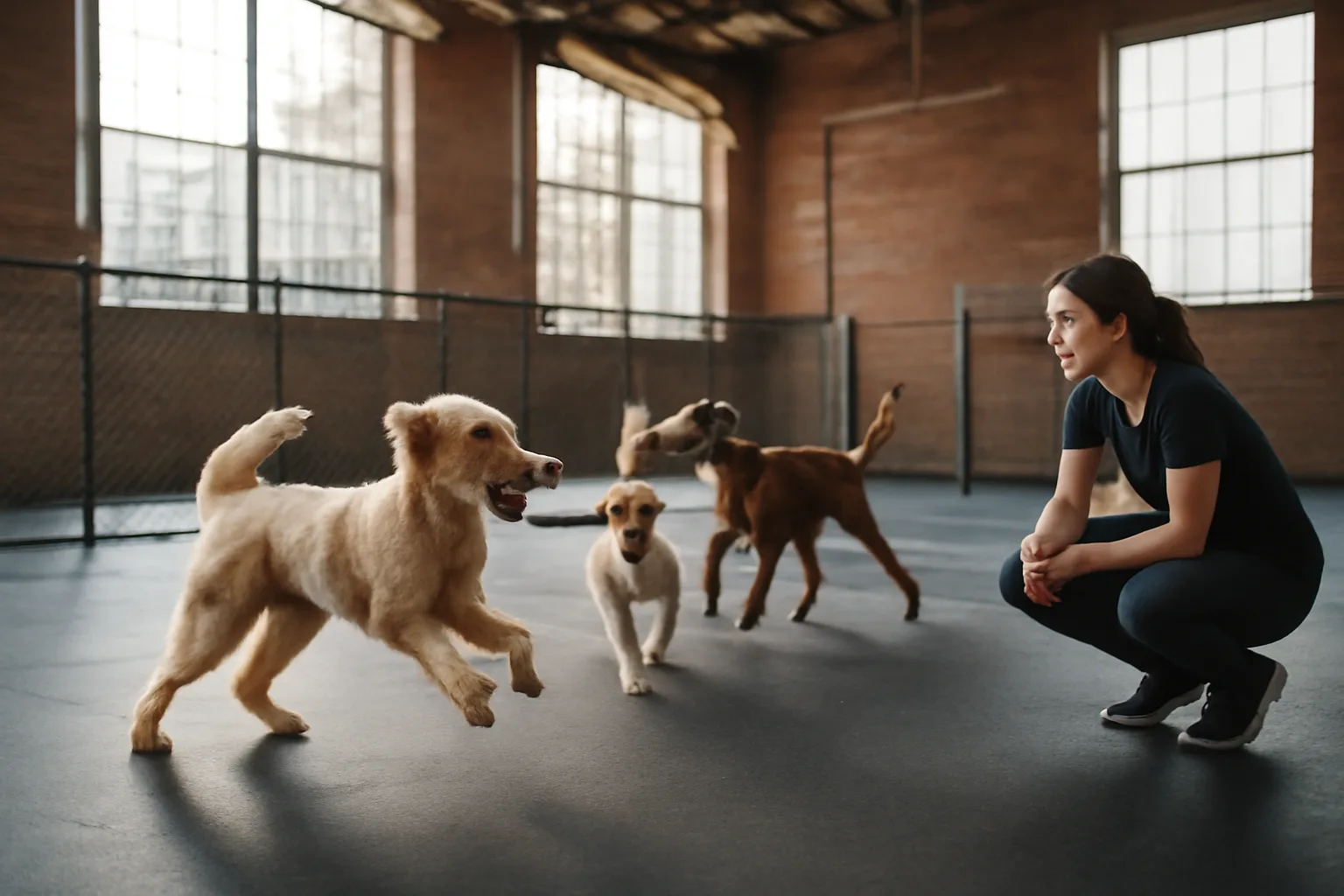 Dogs playing in a bright Chicago dog daycare facility with rubber flooring