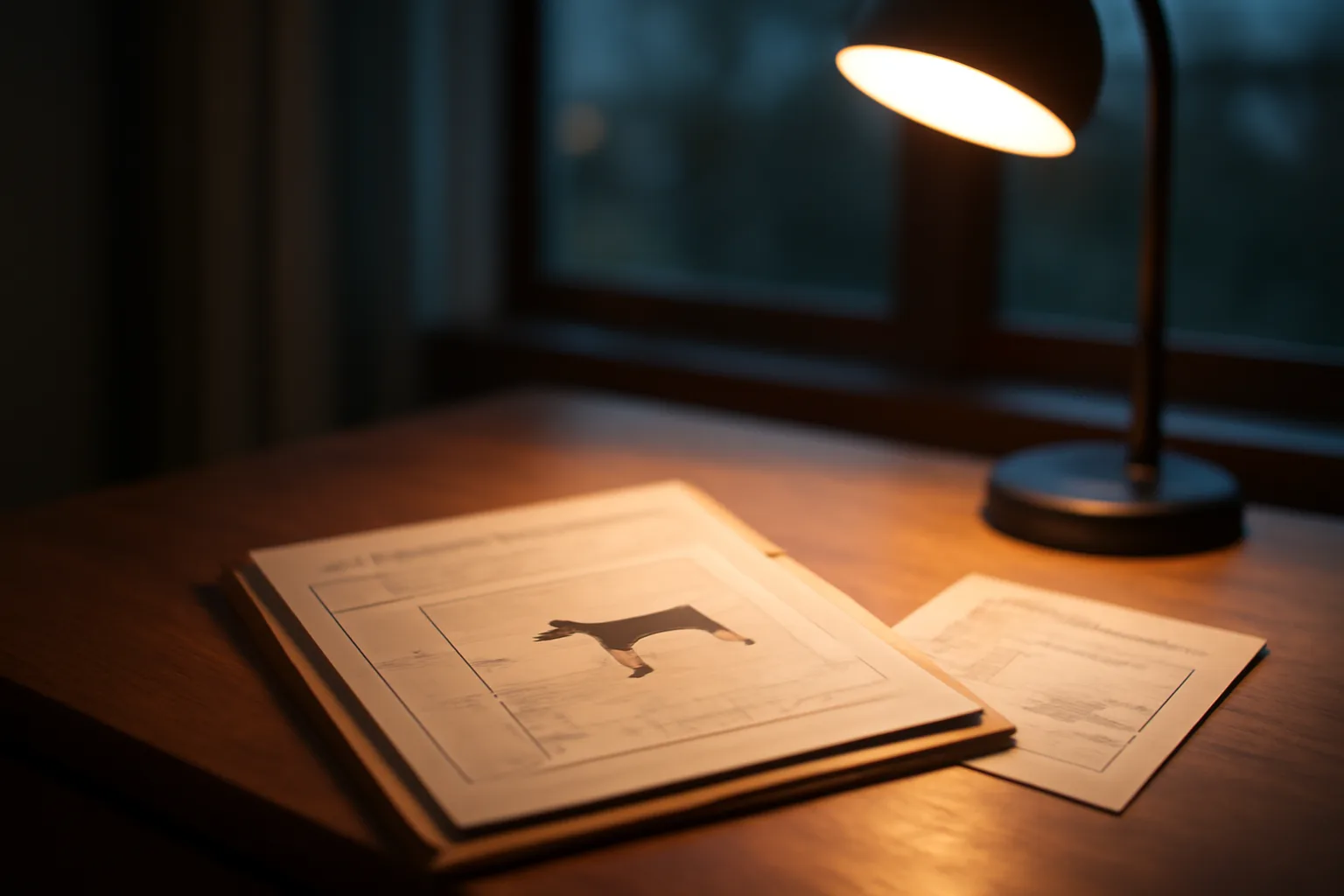 Desk scene with dog paperwork and lamp light representing dog registration records
