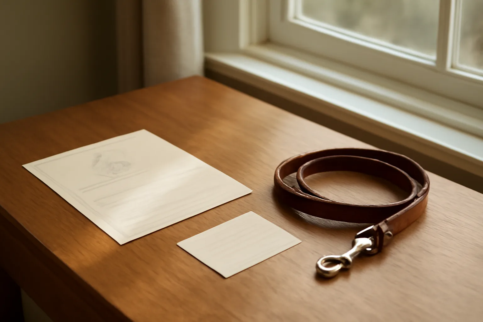 Desk scene with dog registration paperwork, vaccination card, and leash in morning light