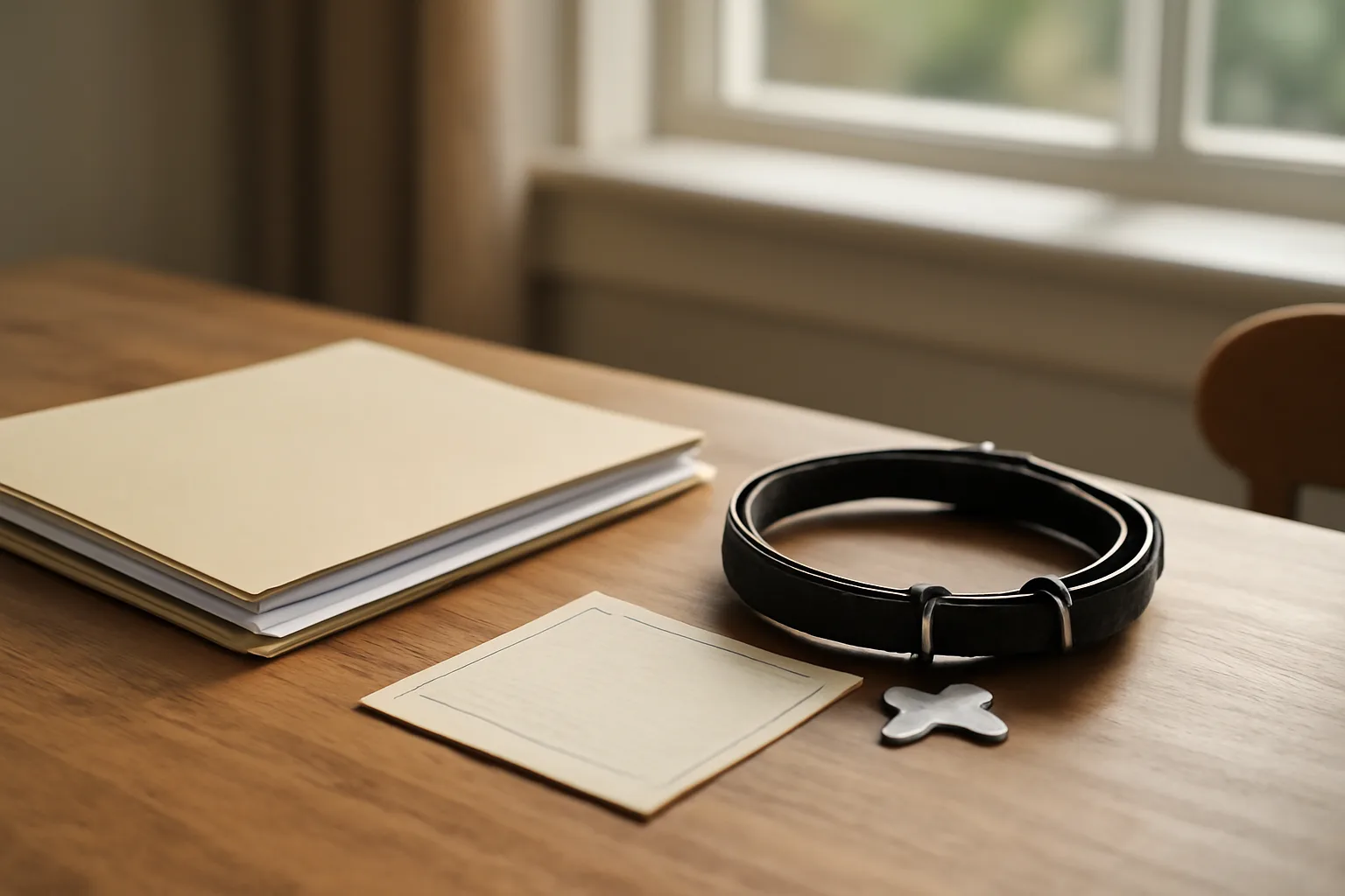 Desk scene with dog license paperwork, vaccination certificate, and collar tag