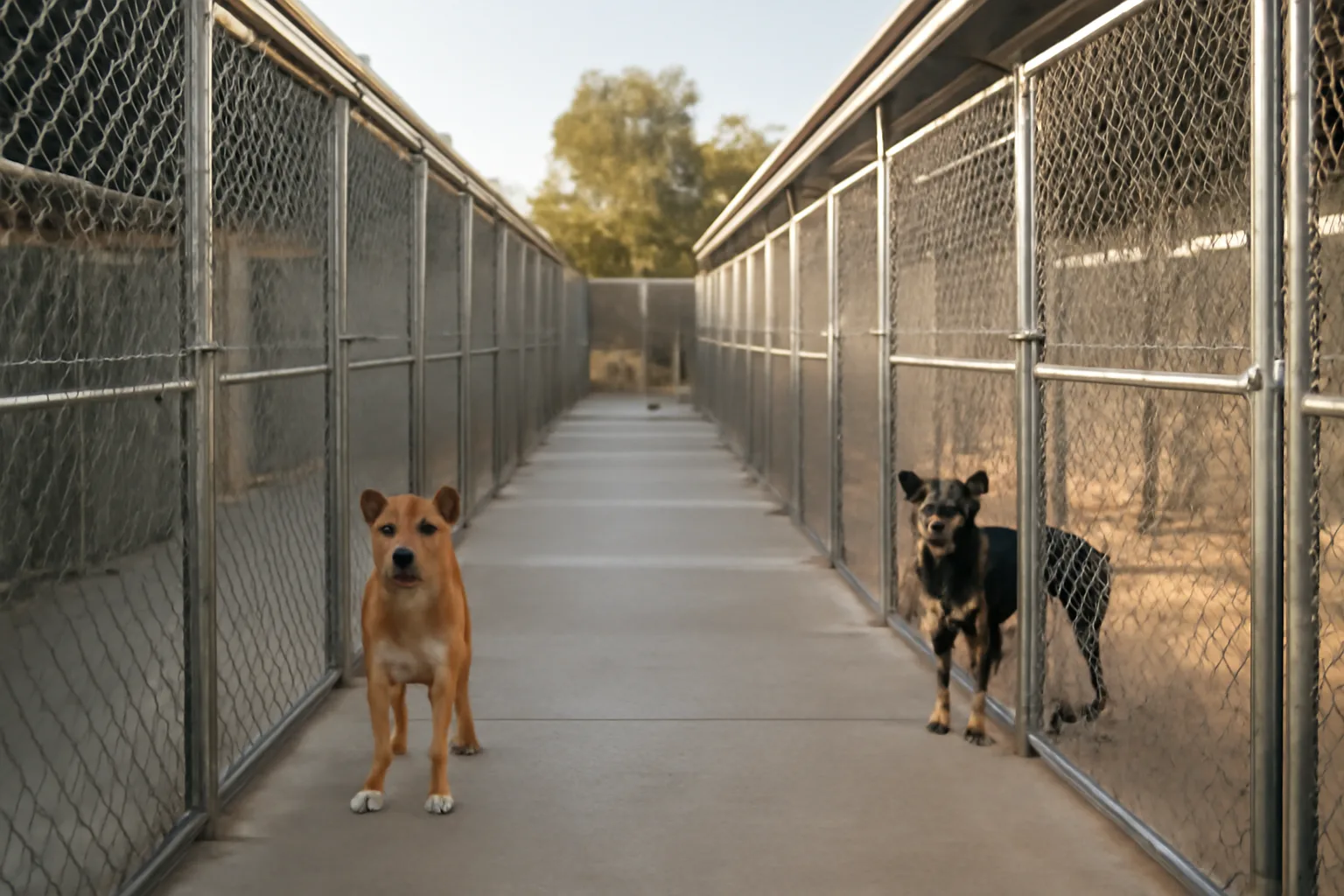 Rows of outdoor dog kennel runs at a licensed commercial boarding facility