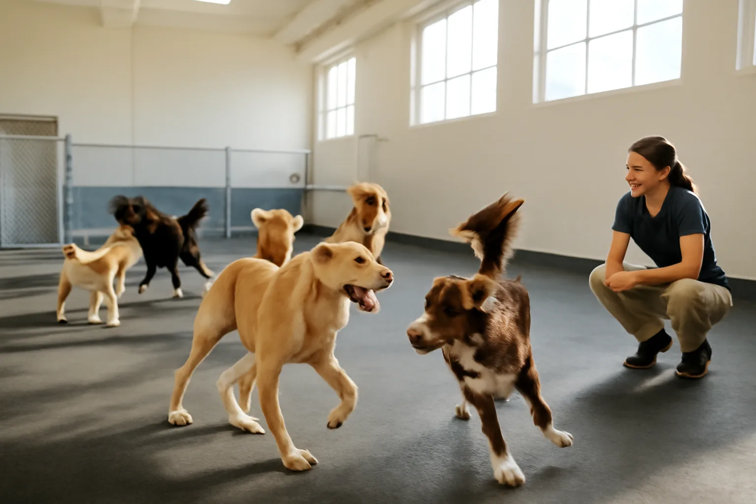 Indoor dog daycare creche play area with several dogs and a supervising staff member