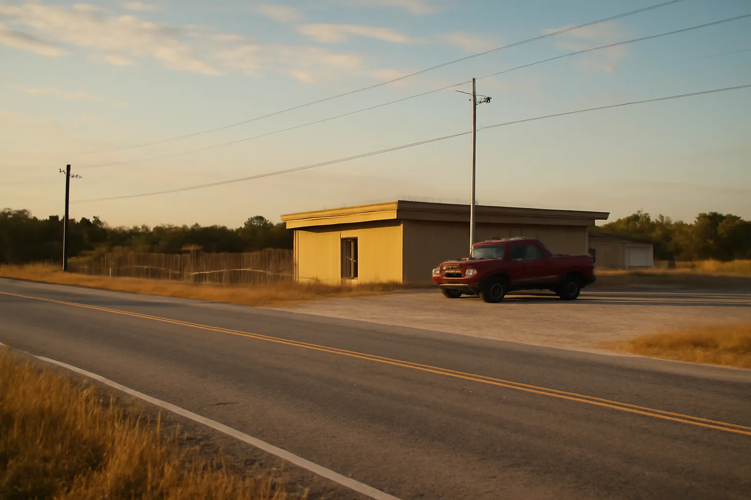 Boarding facility building near a rural highway crossroads with outdoor dog runs