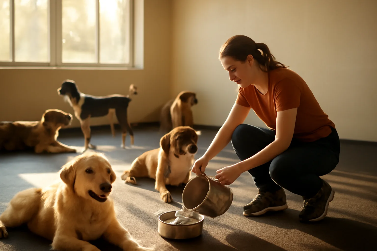 dogs playing and resting in a sunlit daycare for pets play room