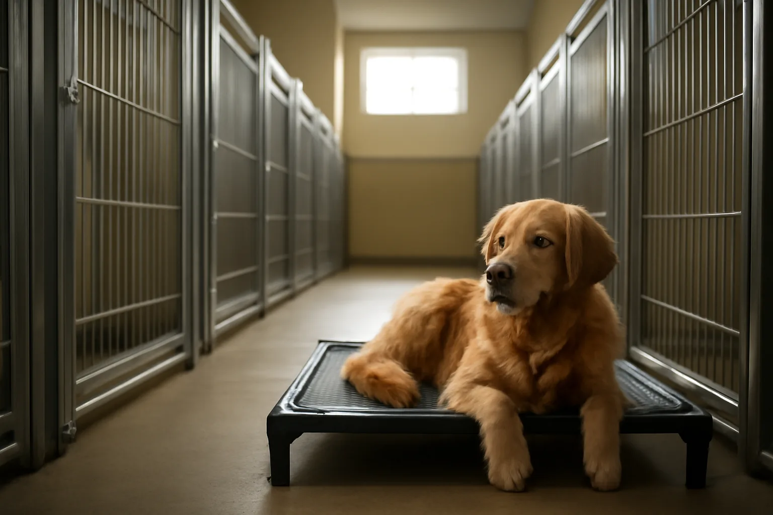 Clean indoor pet boarding kennel hallway with dog runs and a resting golden retriever