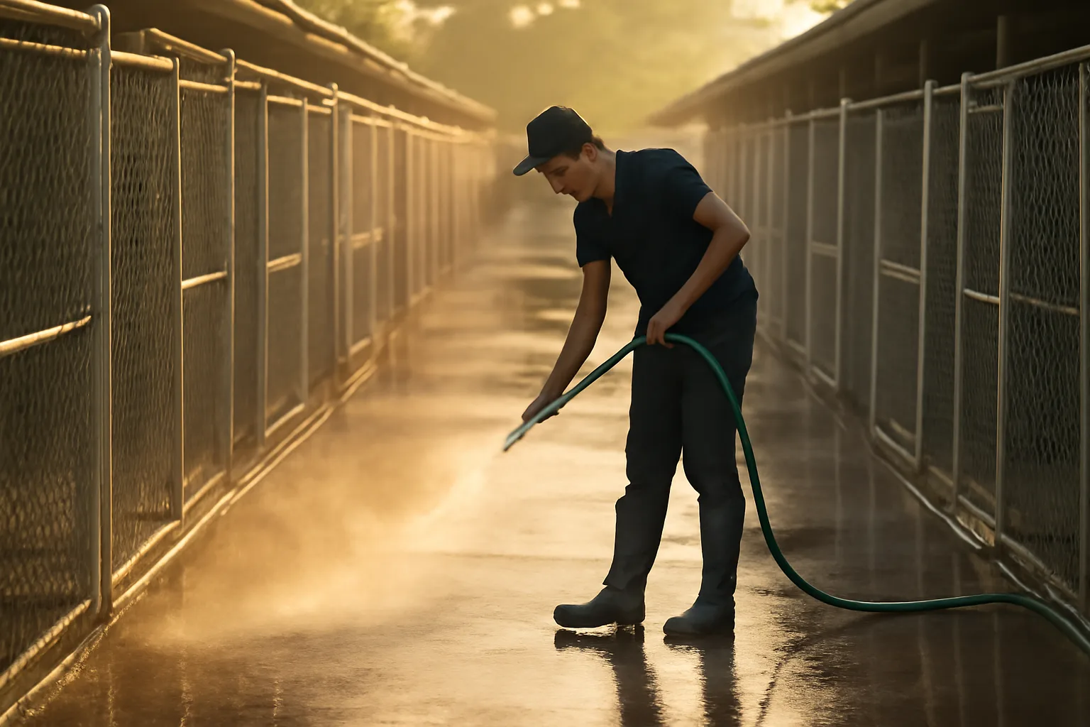 Staff member cleaning outdoor dog runs at a licensed boarding kennel at dawn