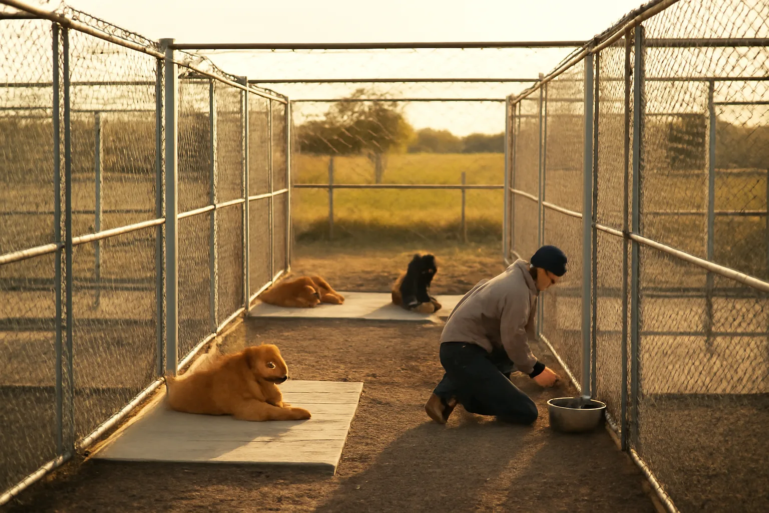Kennel operator checking water bowls in an outdoor dog kennel run at dusk