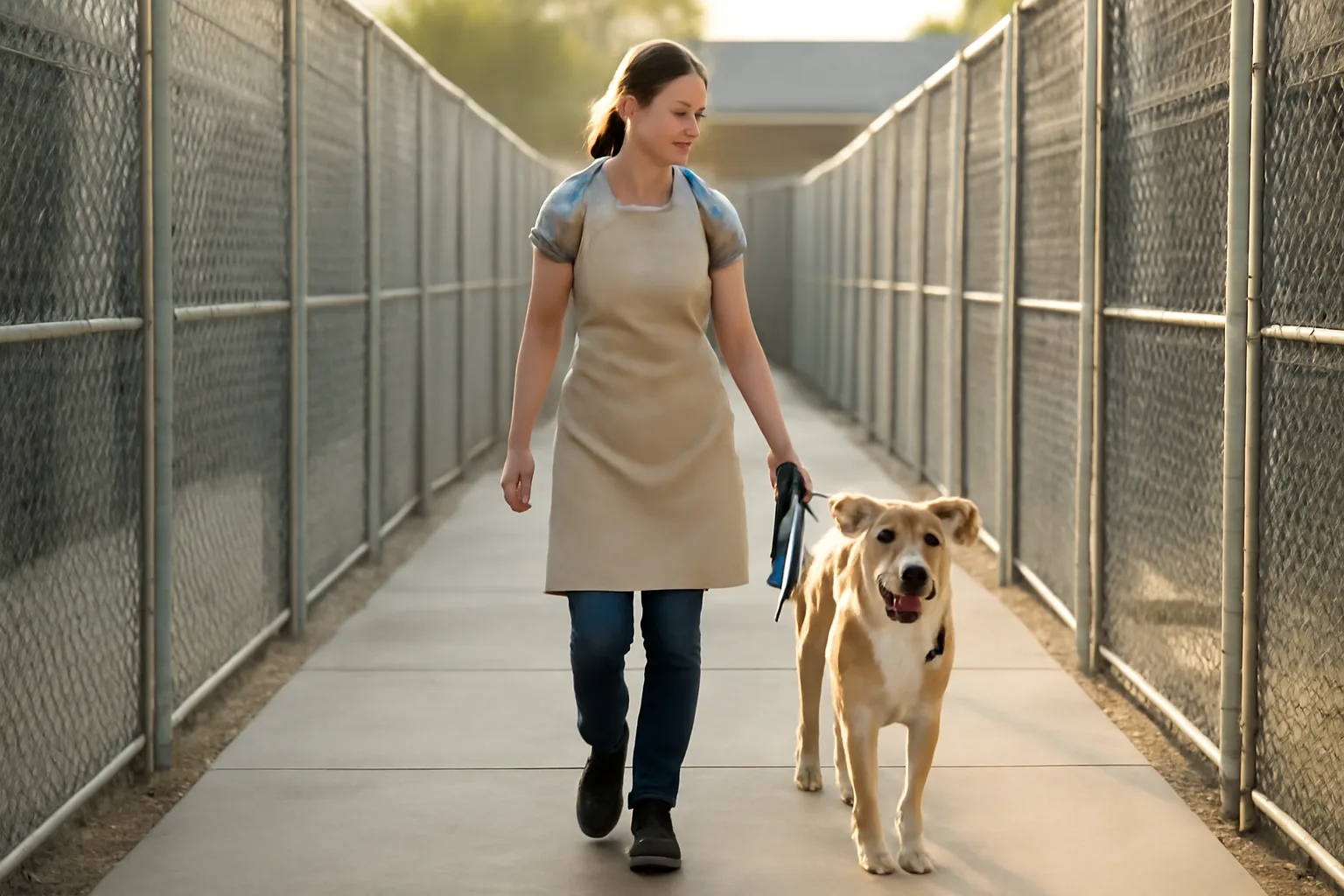 Kennel attendant walking a dog through an outdoor boarding facility run in morning light