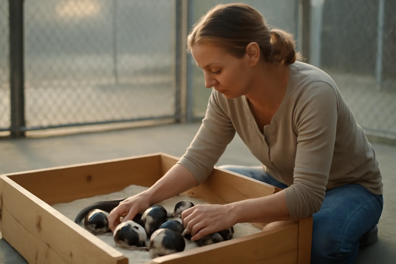 breeder checking a litter of puppies in a home kennel yard at dawn