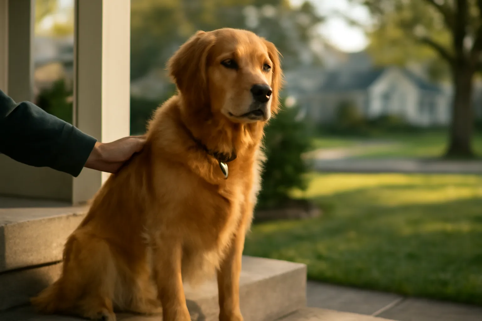 Dog wearing a collar tag sits on a porch step in morning light