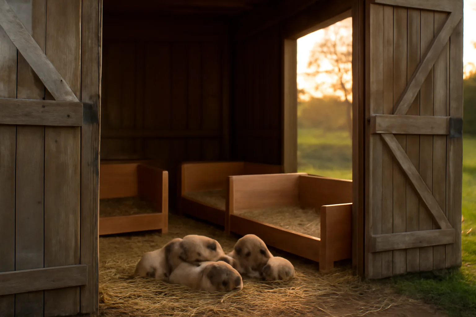 Home dog breeding kennel with whelping boxes and puppies in barn light