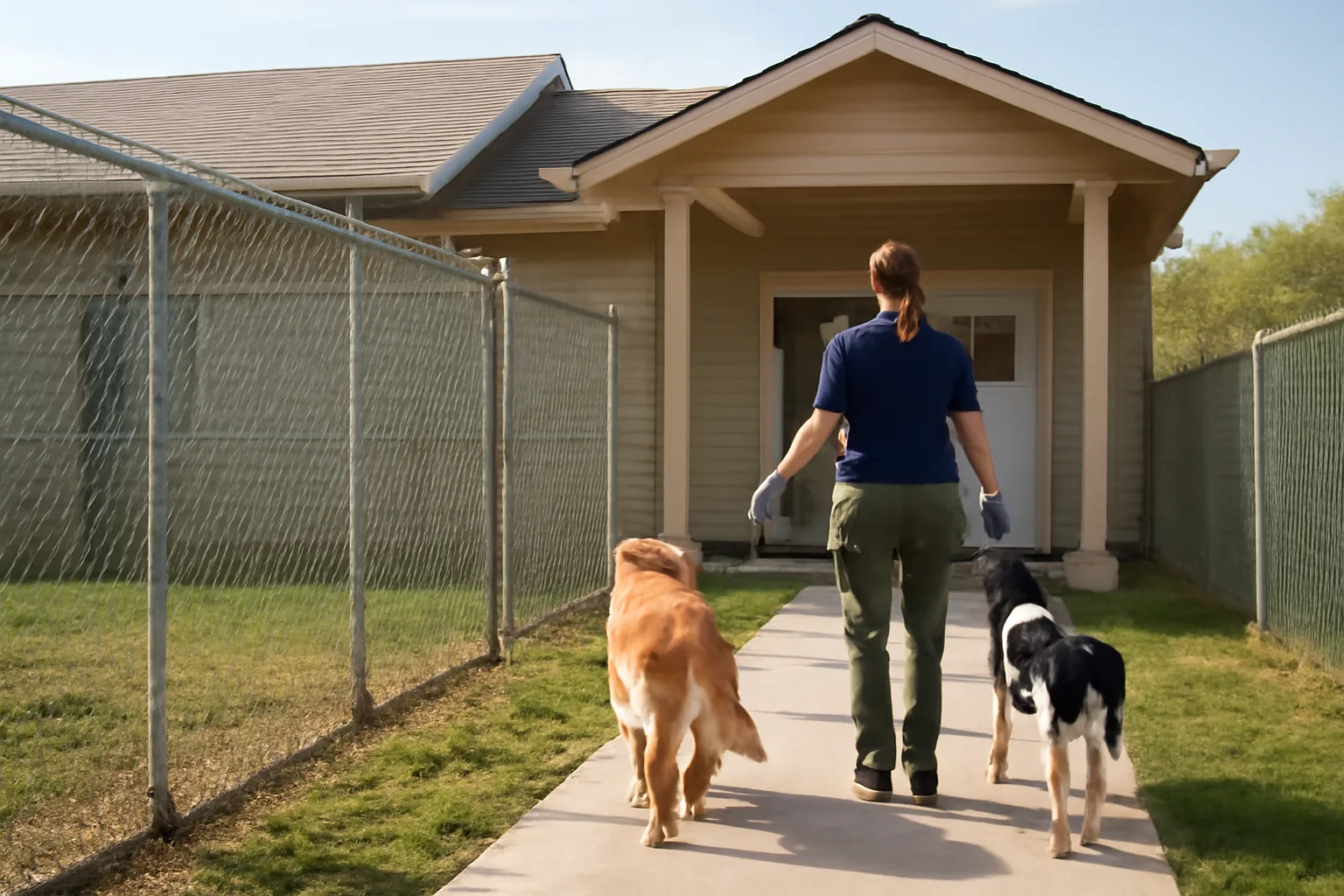 Staff member walking two dogs outside a licensed dog boarding kennel facility