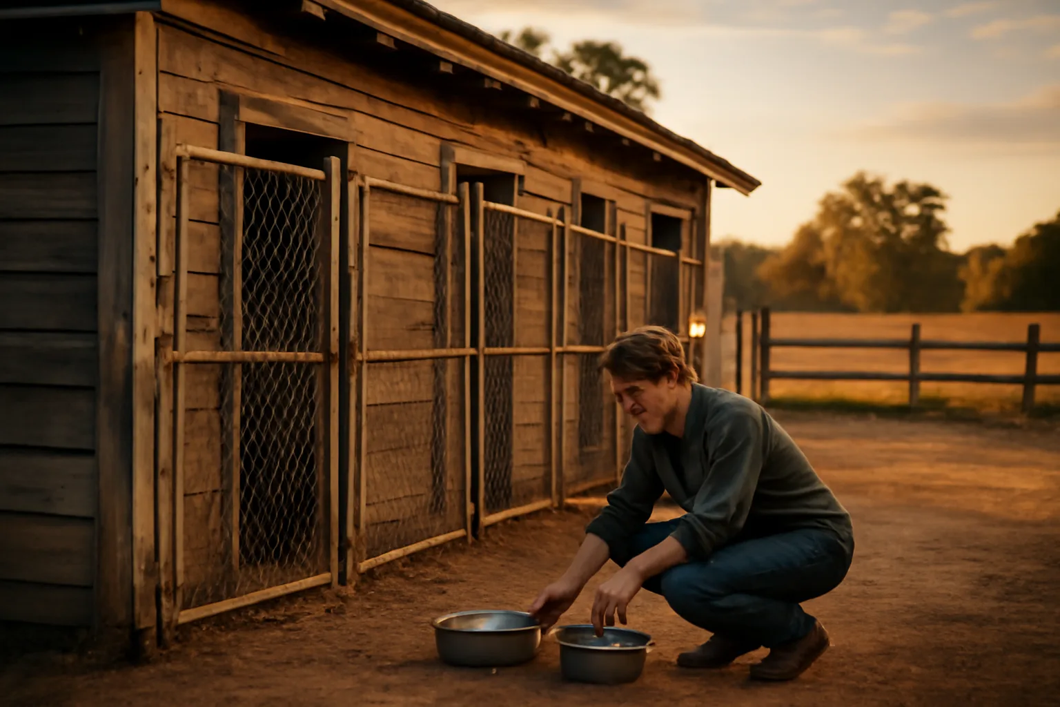 Breeder checking outdoor kennel runs on a rural property at sunset