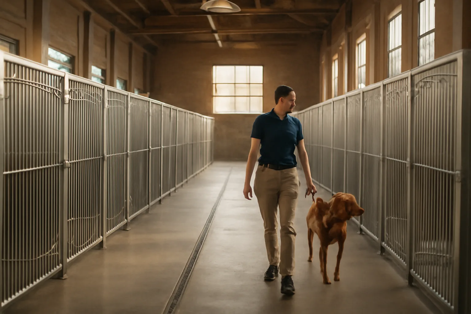Staff member walking a dog past clean kennel runs in a boarding facility