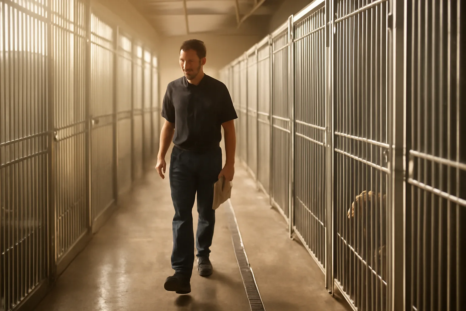 Indoor dog boarding kennel runs during a facility walkthrough at sunrise
