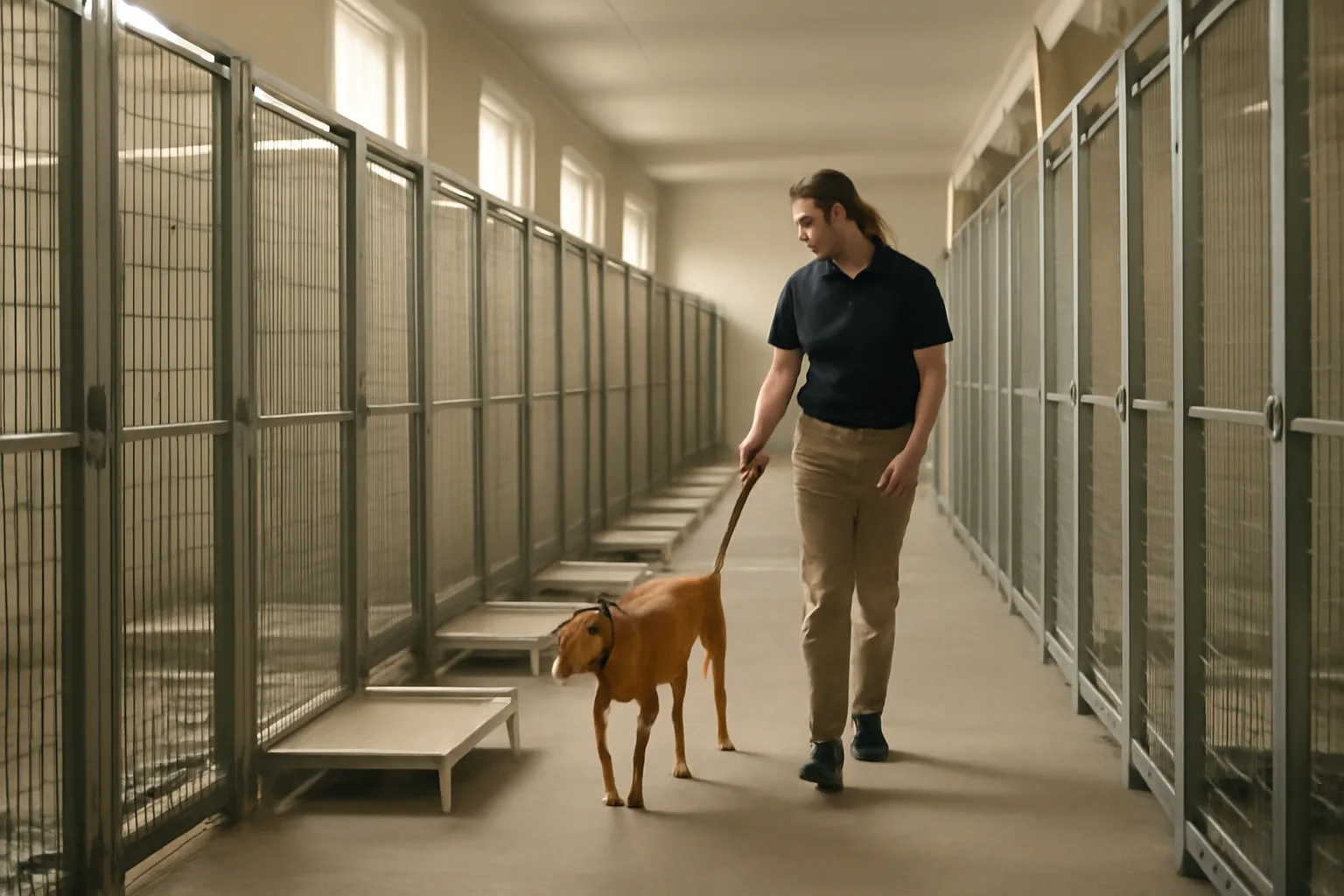 Indoor dog boarding kennel hallway with individual runs and a staff member walking a dog
