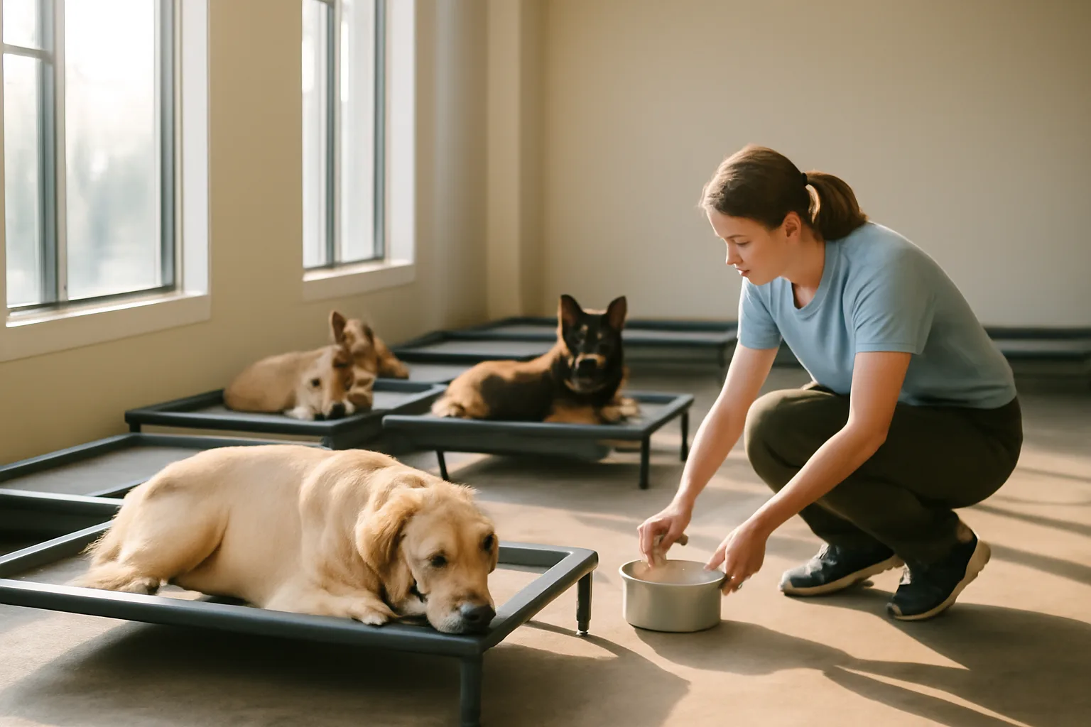 Dogs resting in a sunlit Chicago dog boarding facility play area