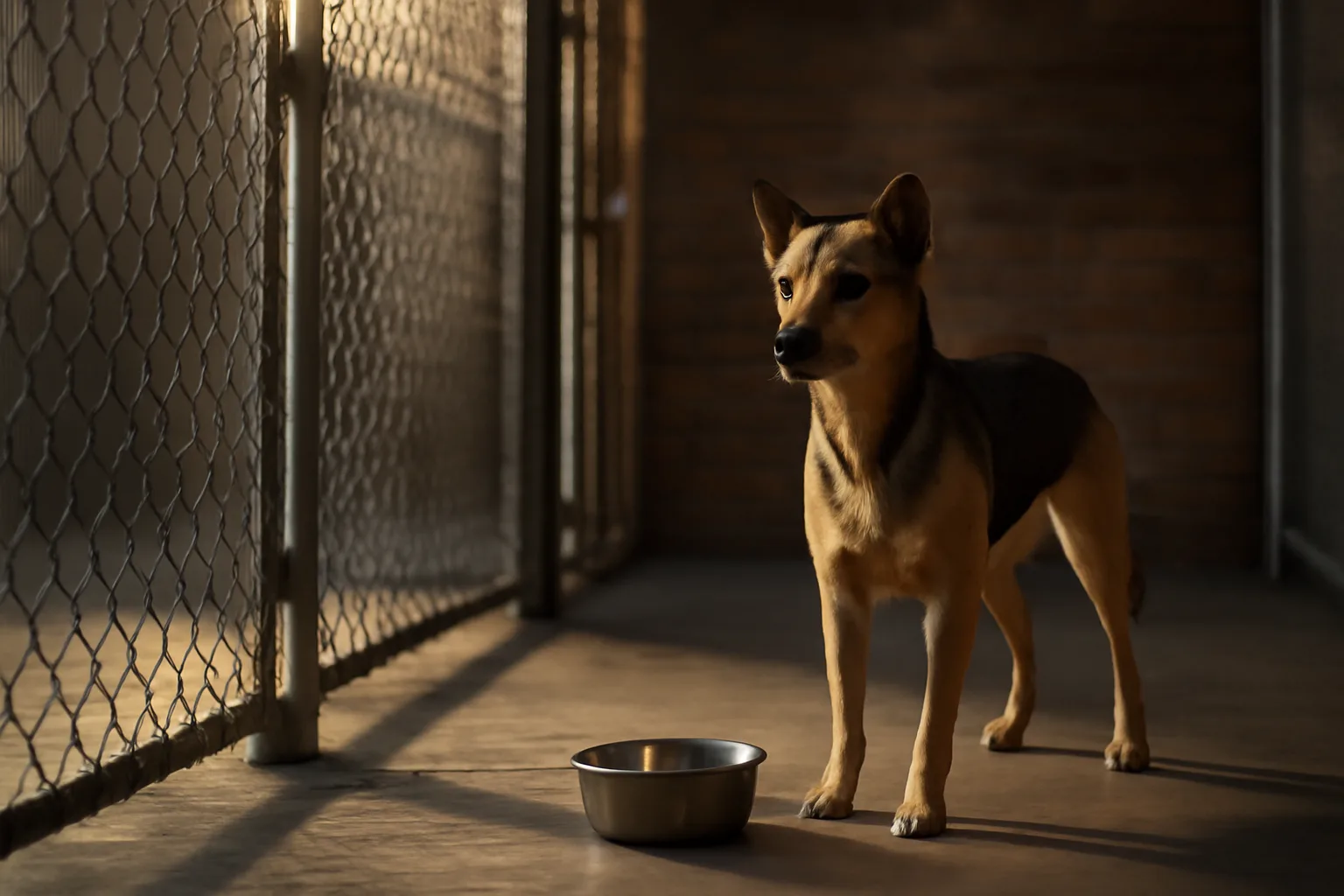 Dog standing in an outdoor kennel run at a Chicago dog boarding facility