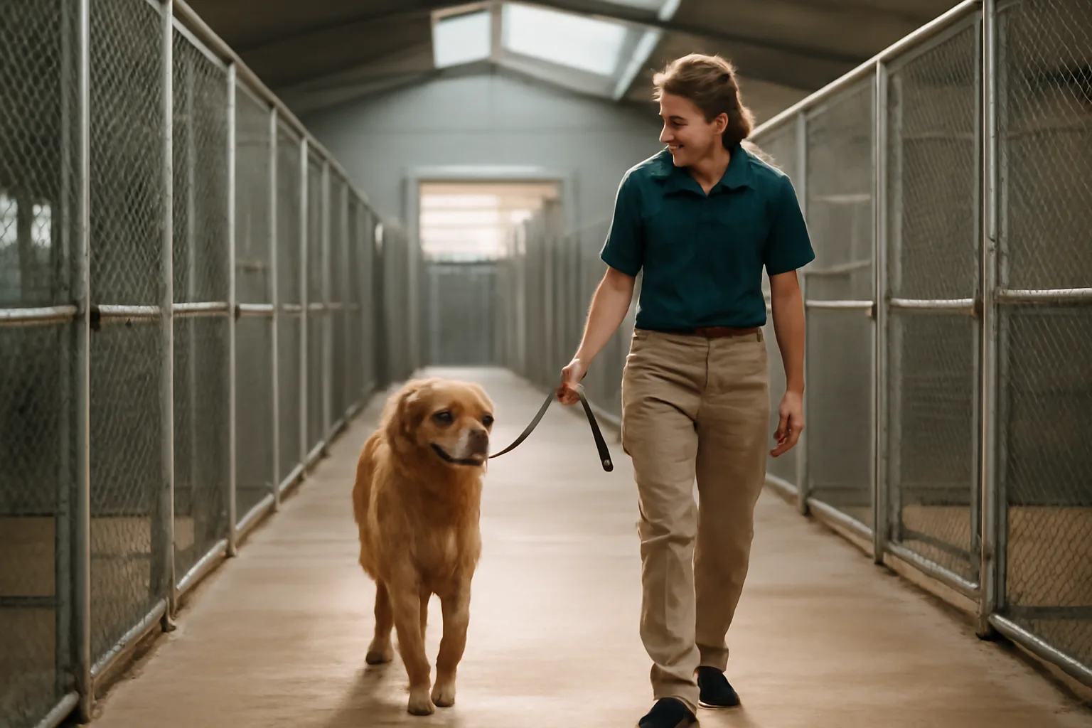 Staff member walking a dog through a clean indoor dog boarding kennel corridor