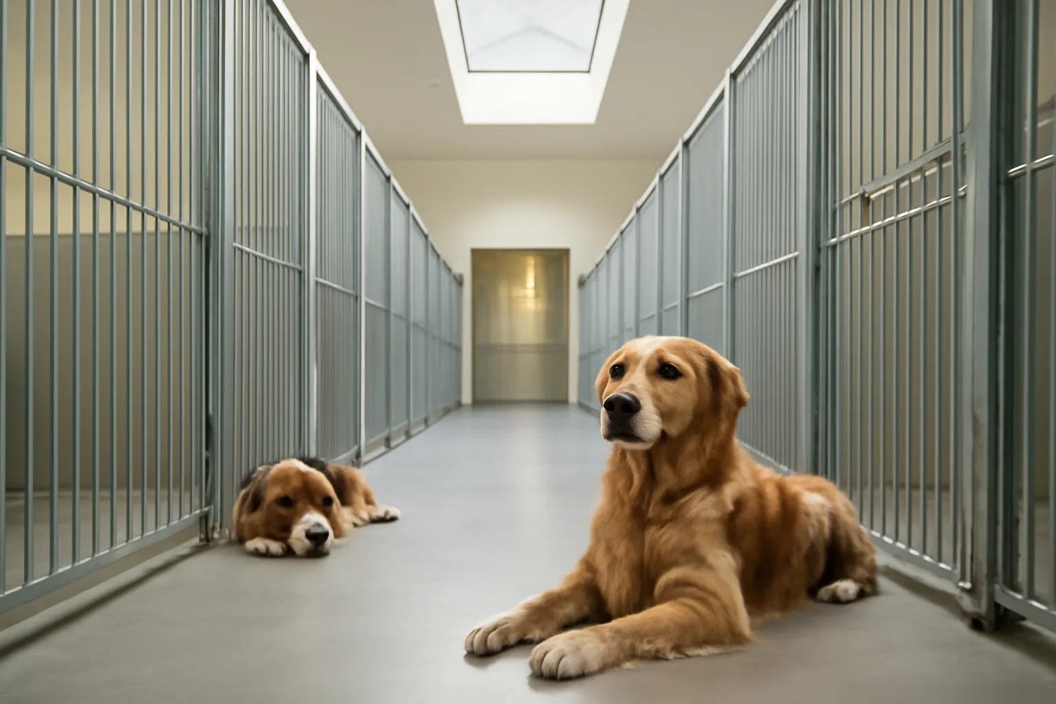 Bright indoor hallway of a dog boarding facility with dogs resting in individual runs