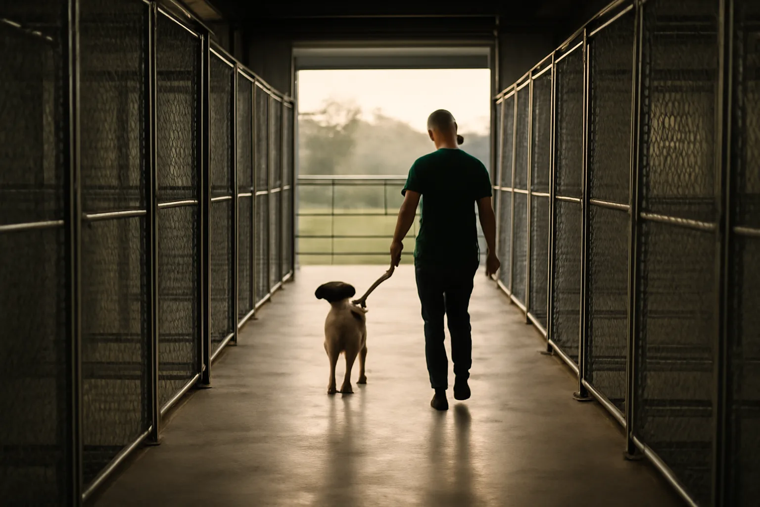 Kennel worker walking a dog past clean indoor-outdoor boarding runs in morning light