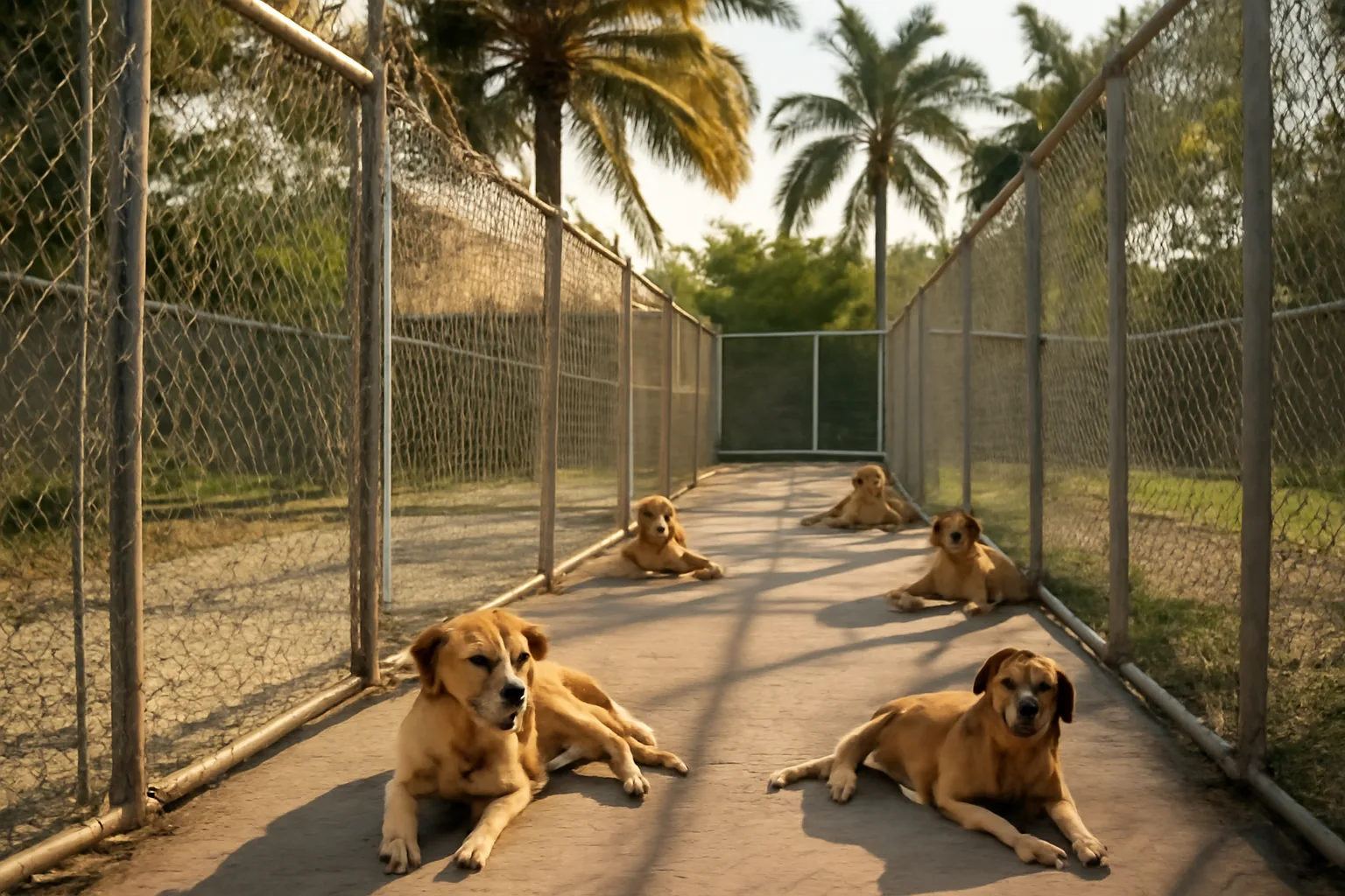 Outdoor kennel runs at a Florida dog boarding facility in late afternoon sun