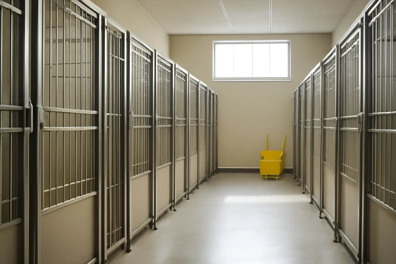 Indoor dog boarding kennel hallway with clean individual runs and stainless steel gates
