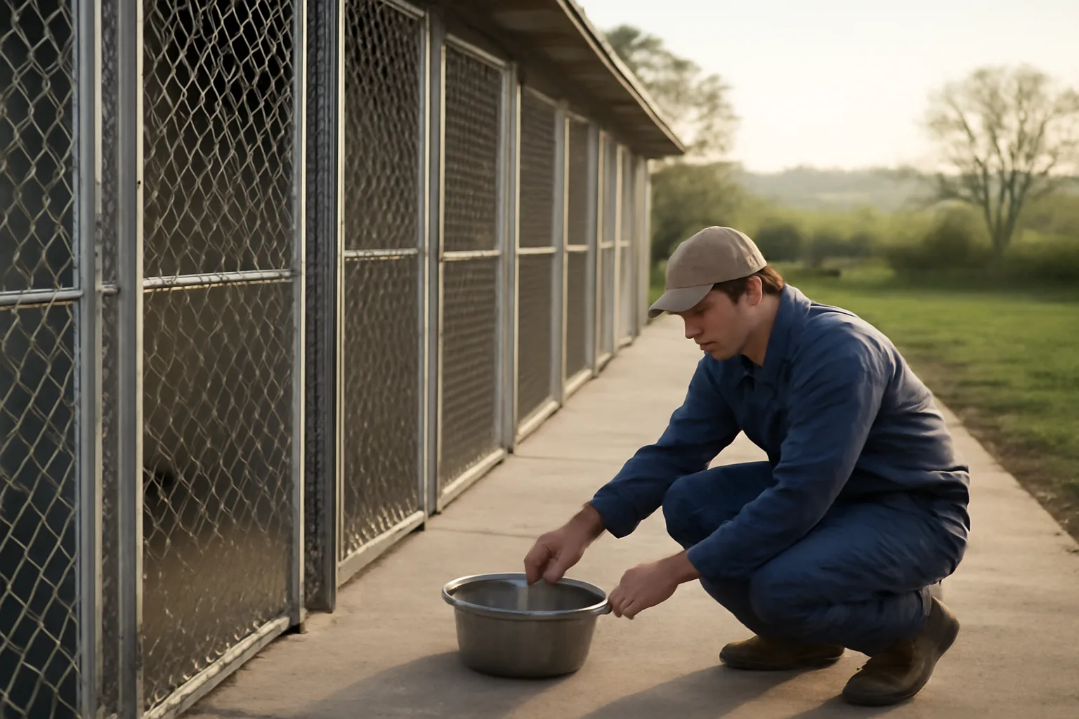 Person checking water bowls in outdoor dog boarding kennels on a UK farm