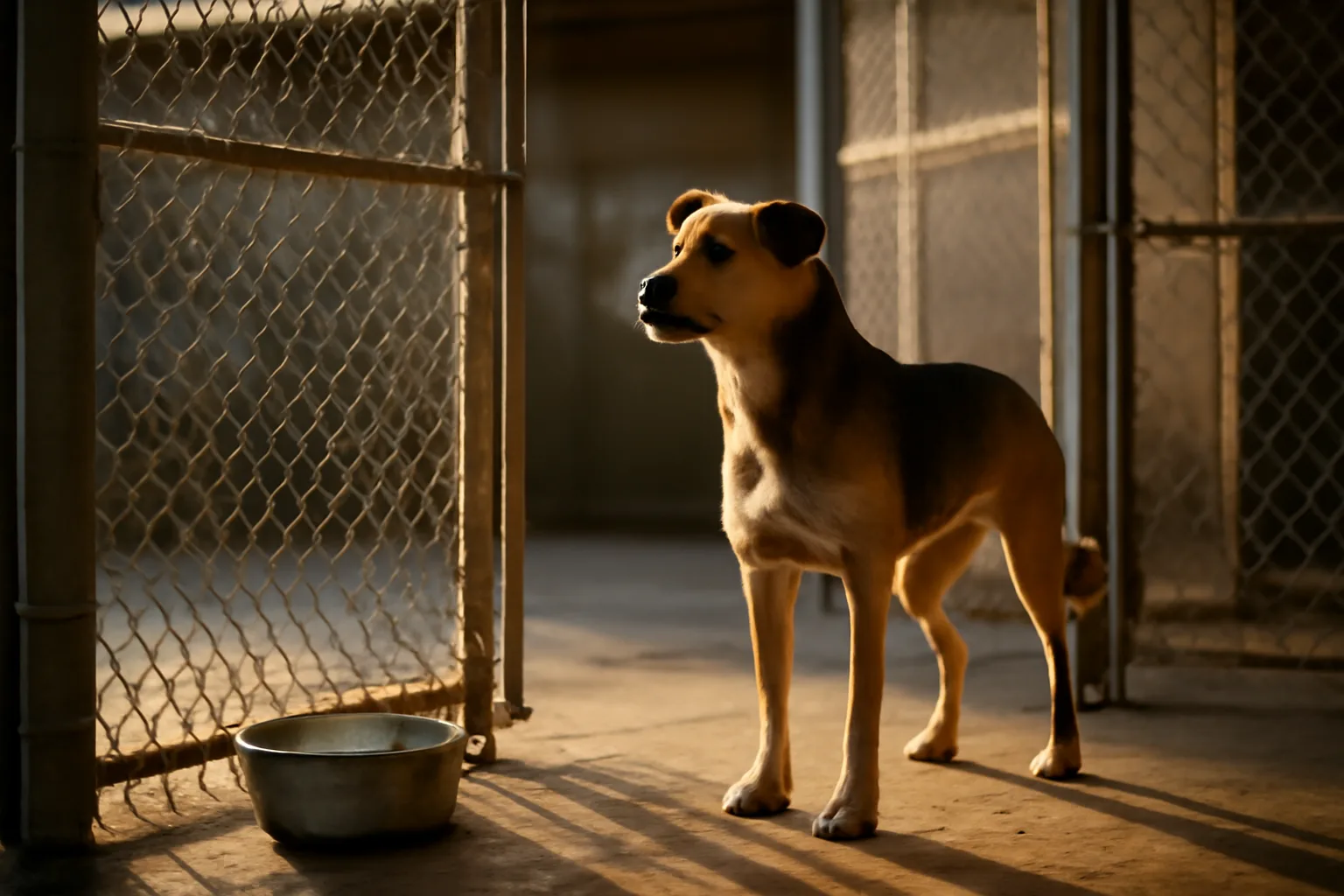 Dog standing in an open kennel run at a boarding facility in morning light