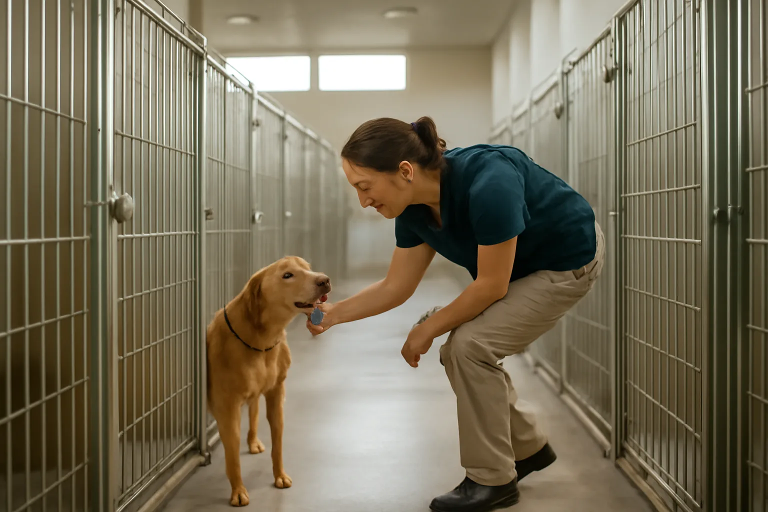 Staff member checking a dog's collar tag inside a licensed boarding kennel facility