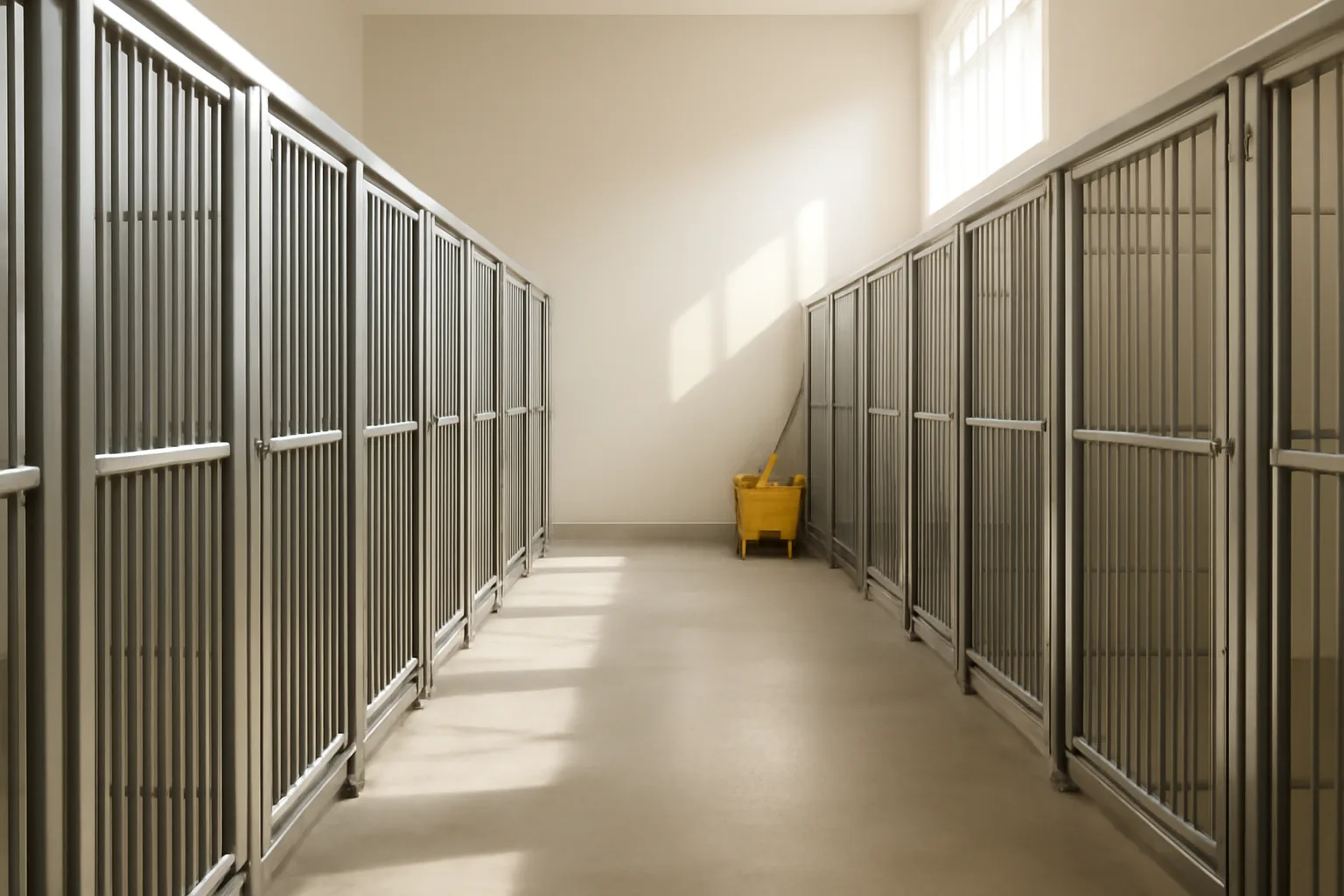 Empty indoor dog boarding kennel hallway with stainless steel runs and morning light