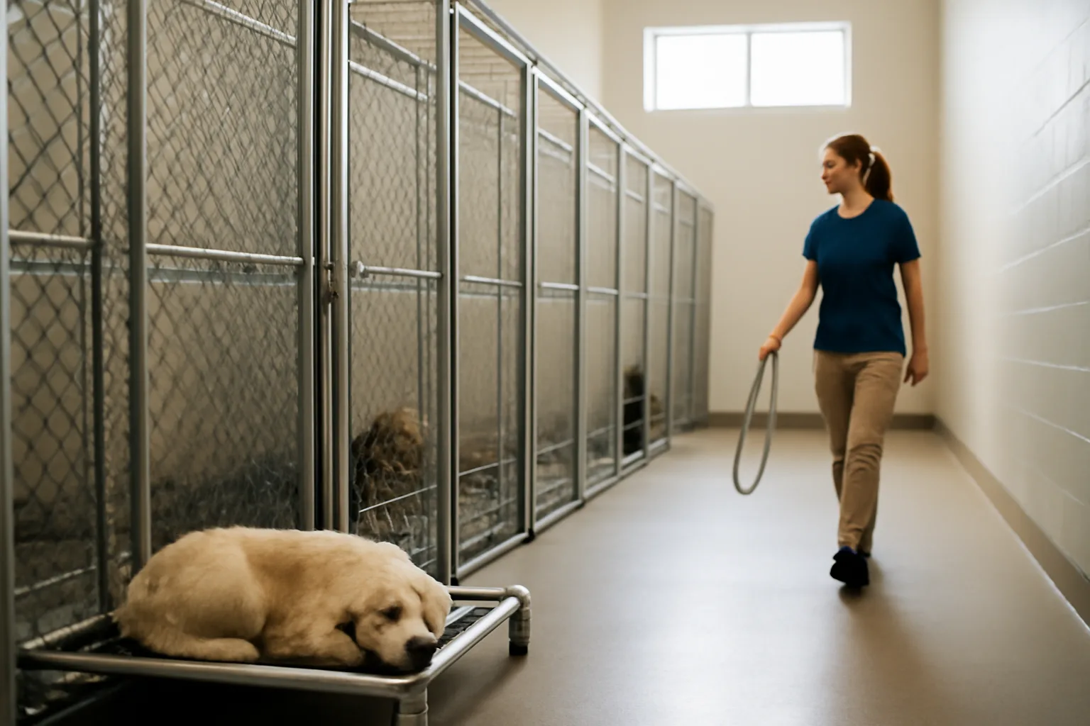 Interior hallway of a dog boarding facility with clean kennel runs and natural light