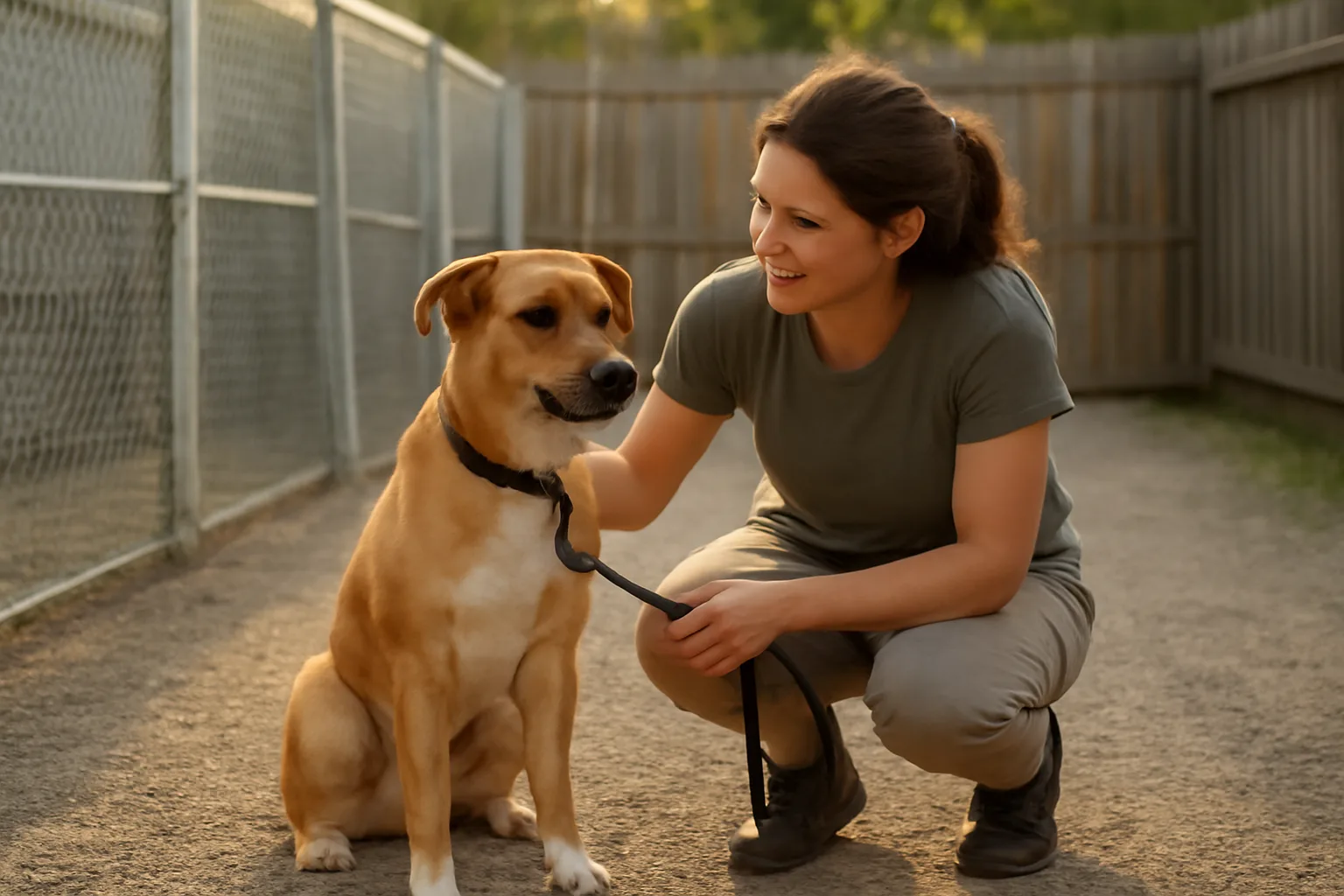 Staff member with a dog outside kennel runs at a licensed boarding facility