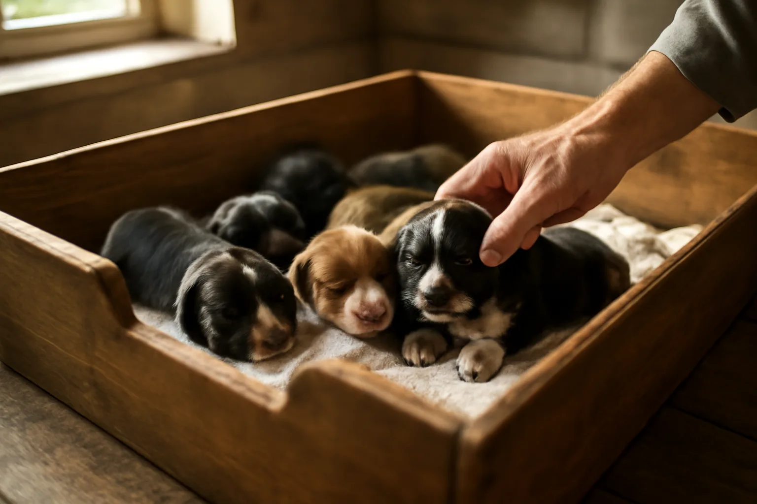 Breeder checking a puppy in a whelping box during morning light