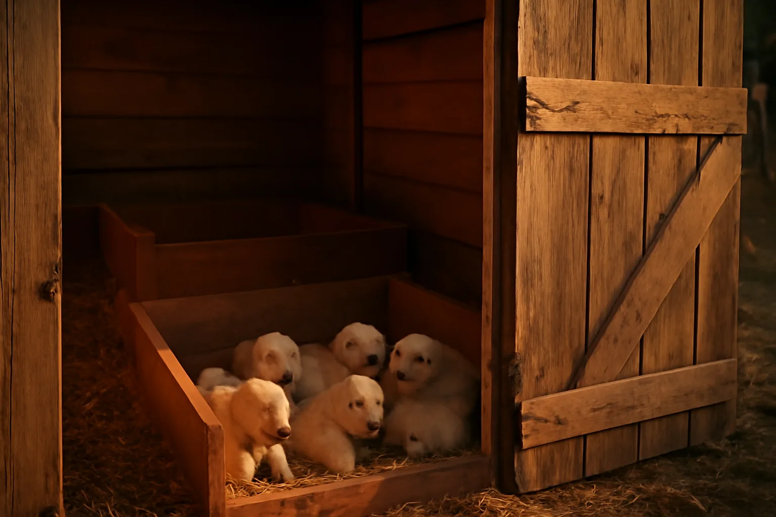 Home kennel breeding facility with whelping boxes and puppies at golden hour