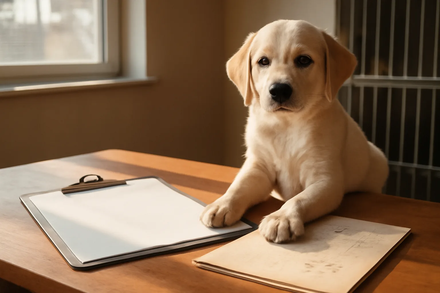 Puppy paperwork and pedigree folder on a desk near a dog breeder ID inspection setting