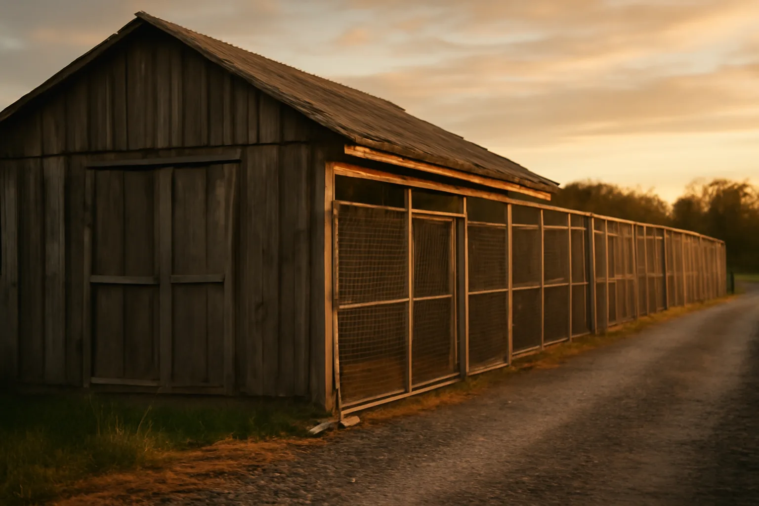 Rural kennel facility with outdoor dog runs used for licensed dog breeding operations