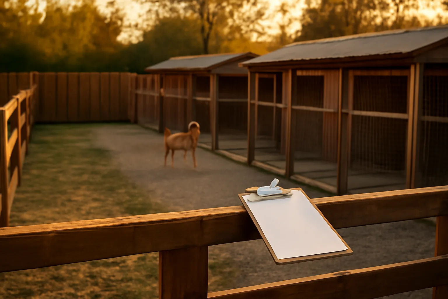 Home kennel yard at golden hour during a dog breeder license search review