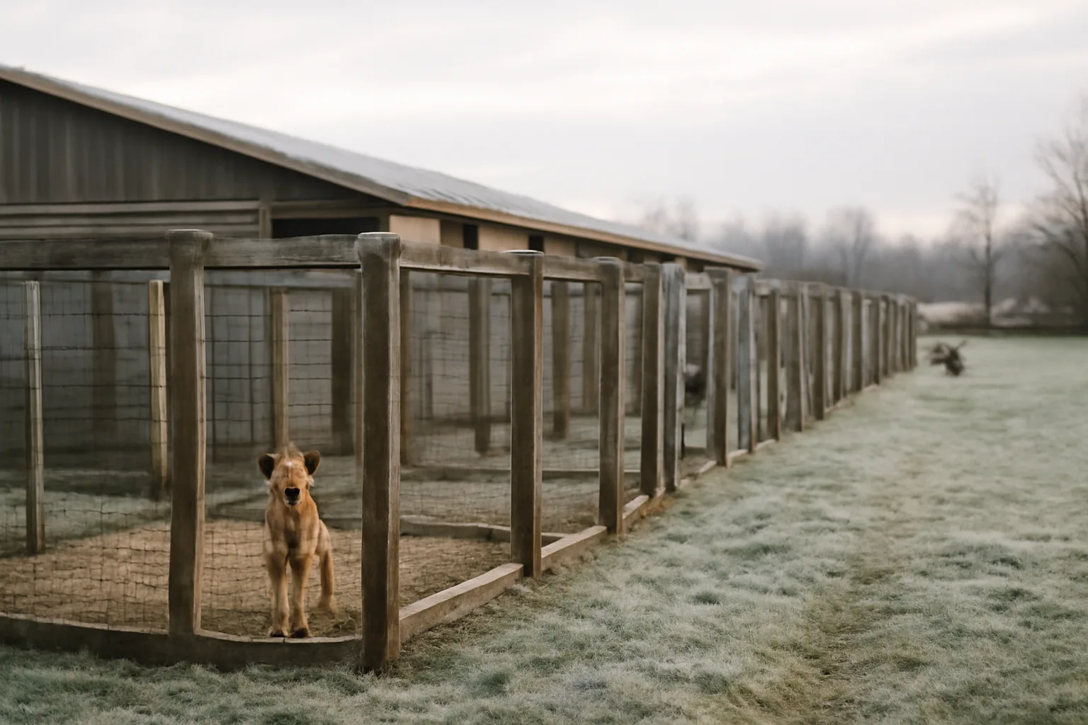 Rural Wisconsin kennel with outdoor dog runs in early morning light