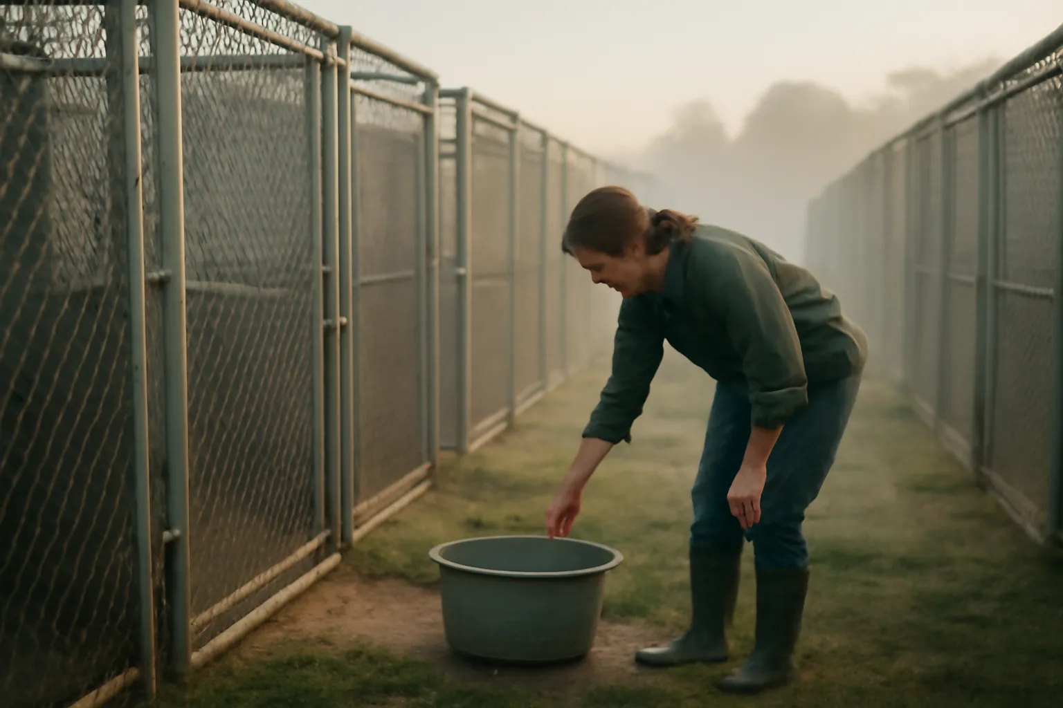 Breeder checking outdoor kennel runs at a licensed dog breeding facility at dawn