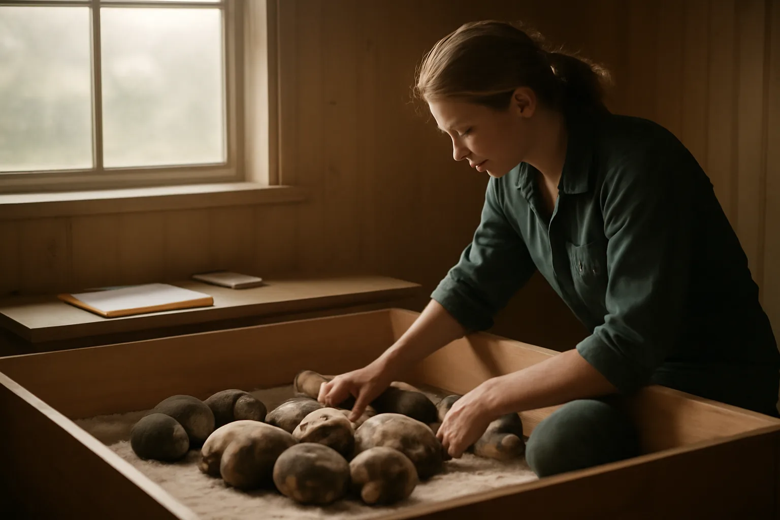 Breeder kneeling beside a whelping box checking a litter of puppies at dawn