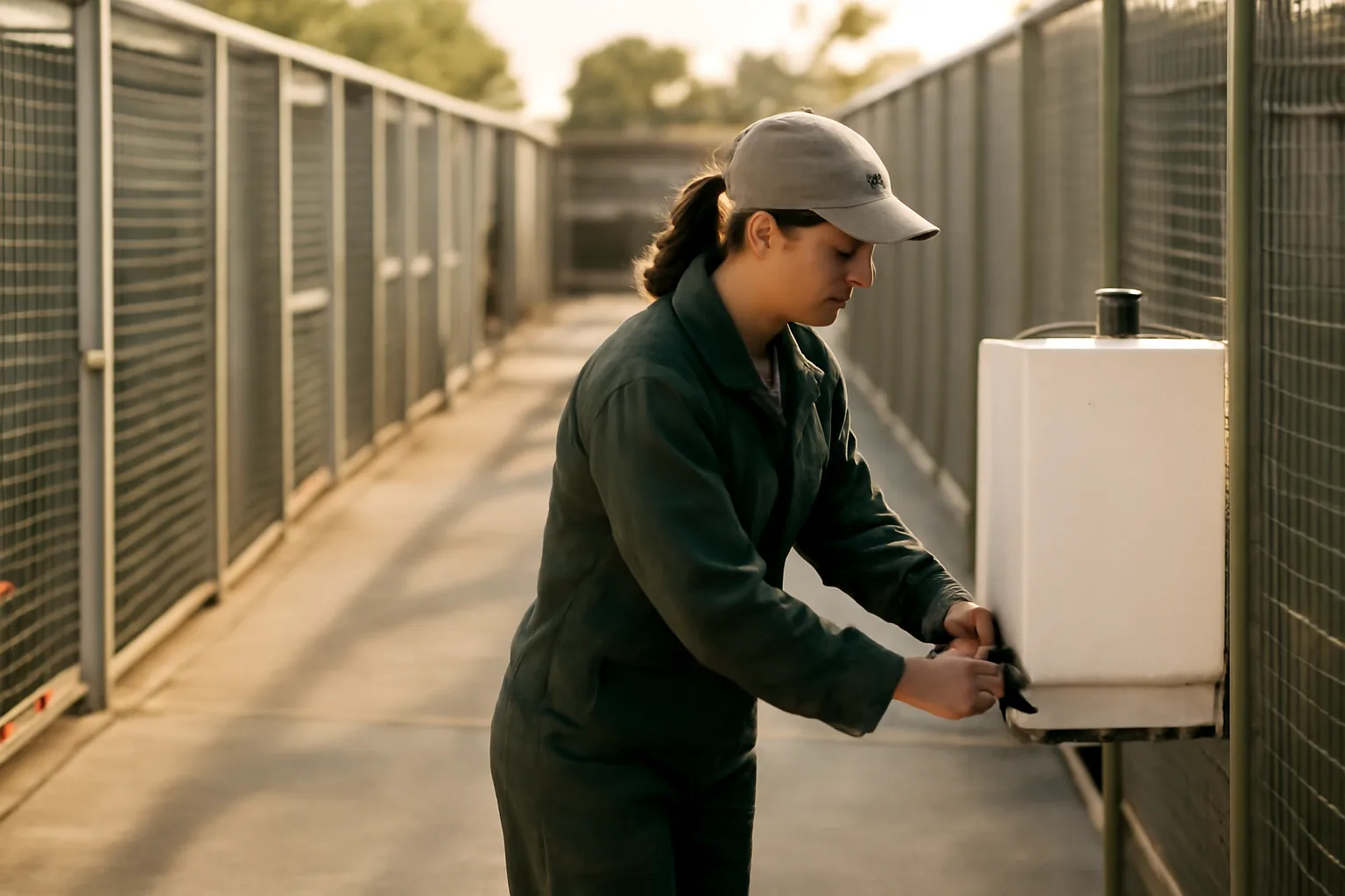 Kennel yard with outdoor dog runs during a breeder facility check