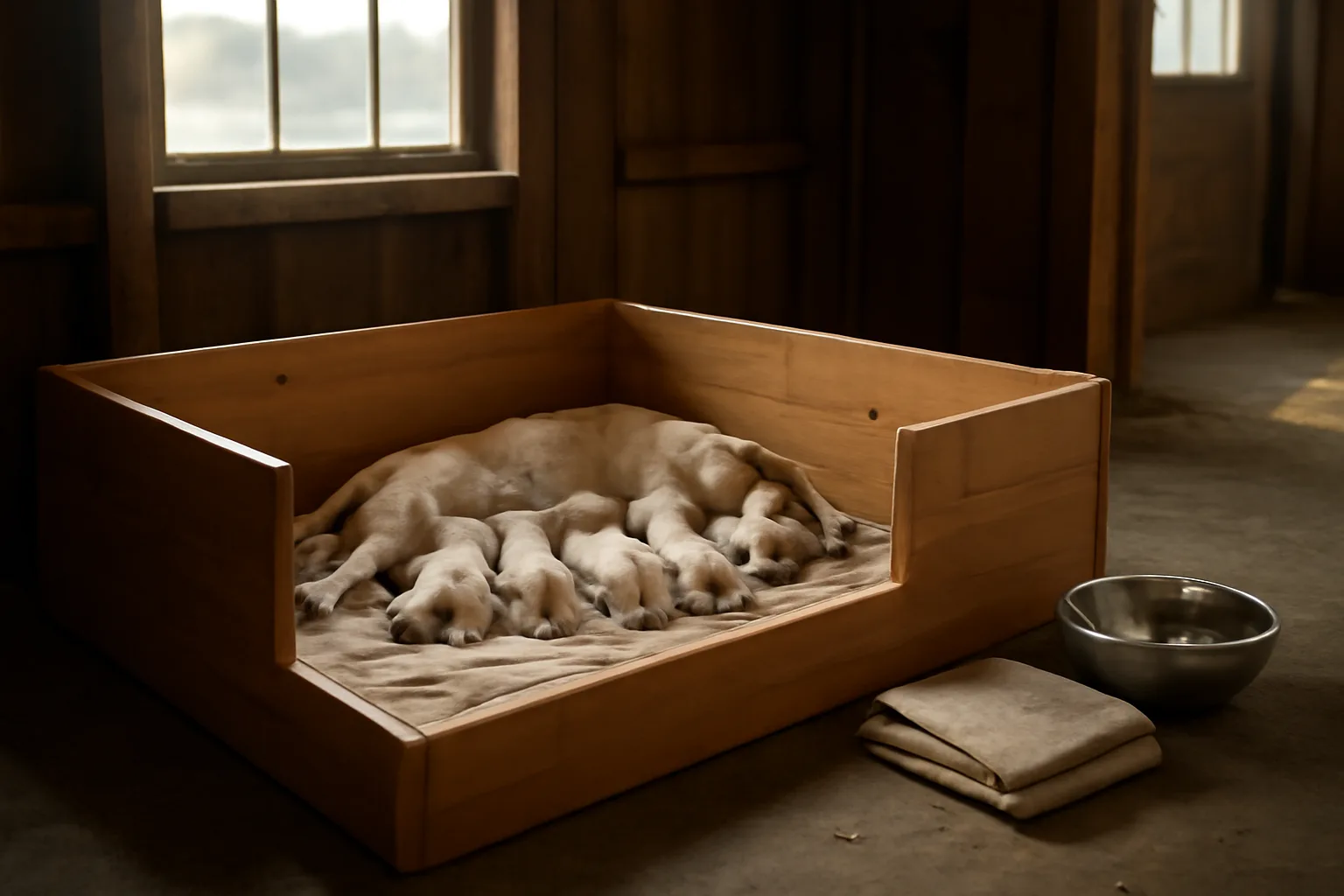 Litter of puppies nursing in a wooden whelping box inside a barn