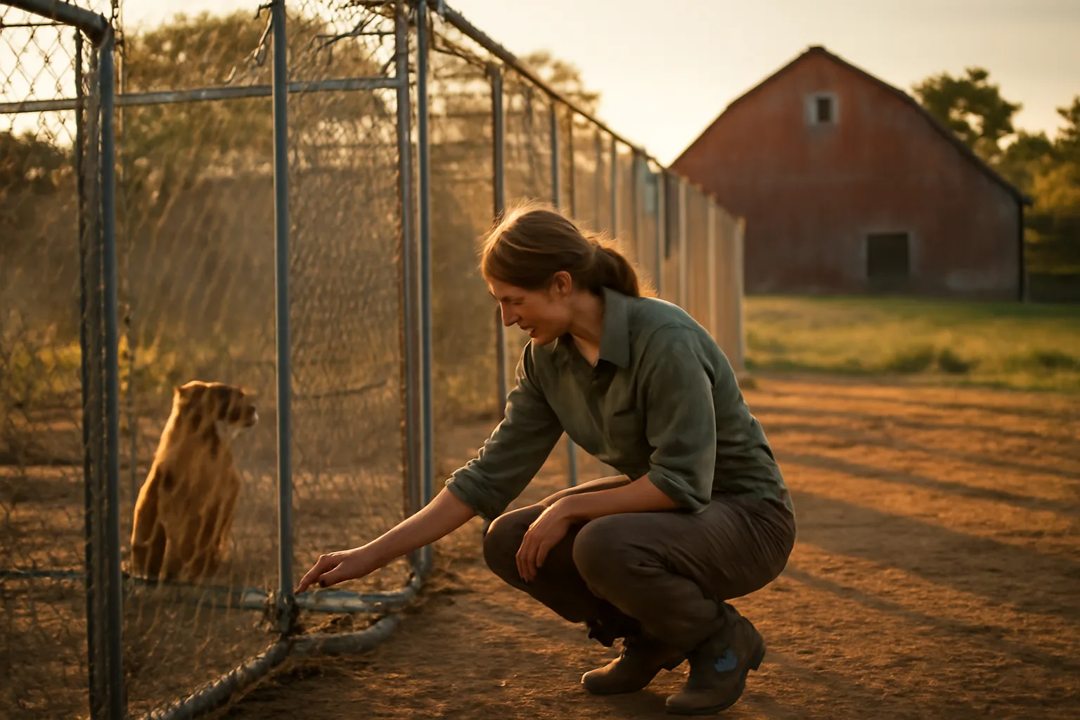 Breeder checking dog runs in a home kennel yard at sunset