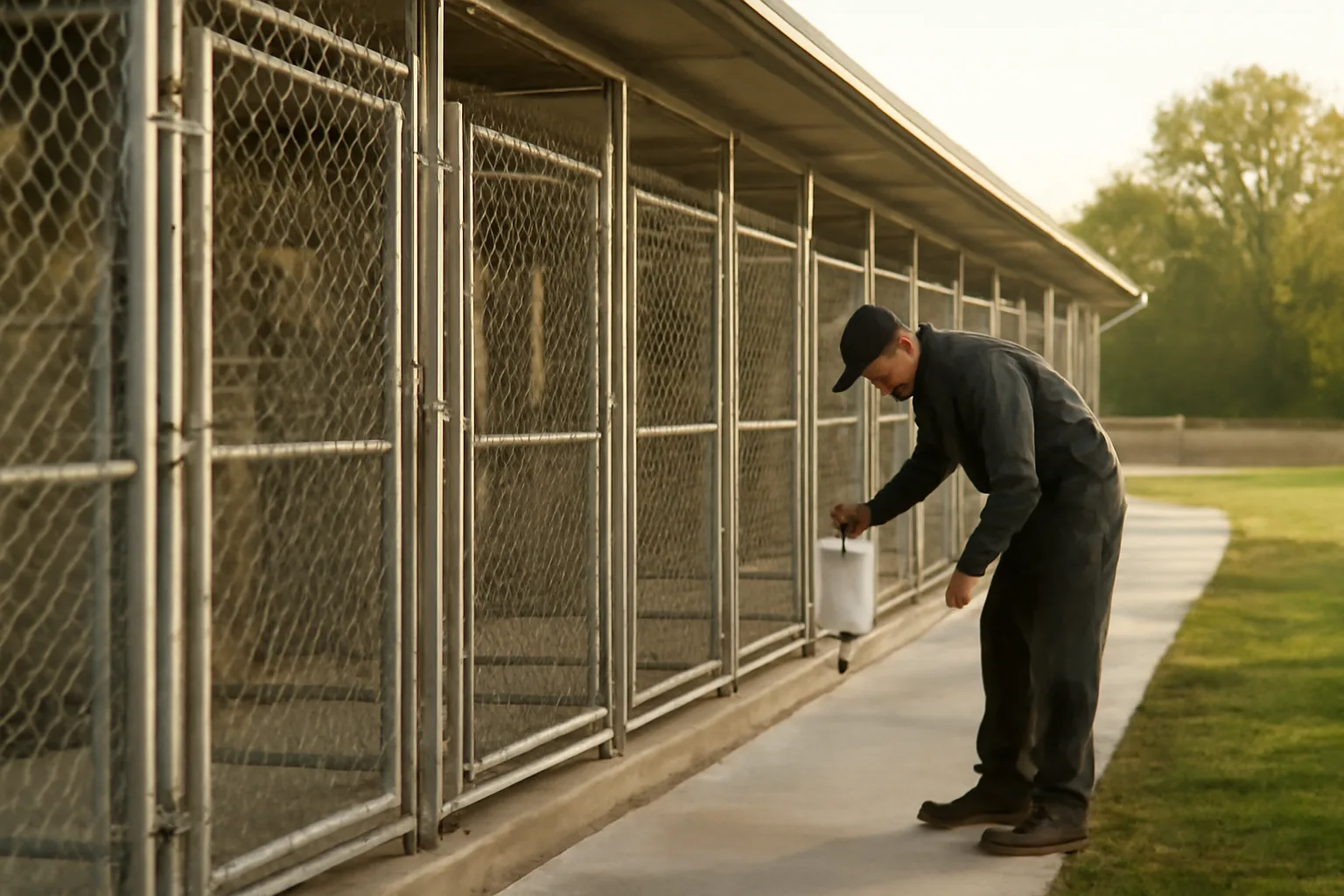 Rural dog breeding kennel runs in morning light showing facility standards for licensing