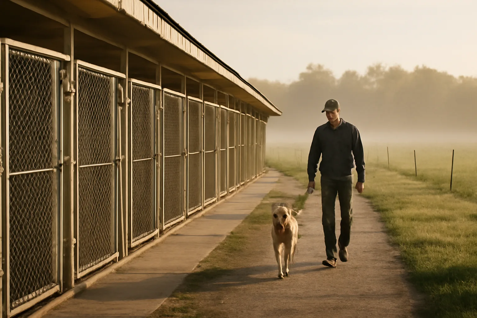 Outdoor kennel runs on an Indiana breeding facility in morning light