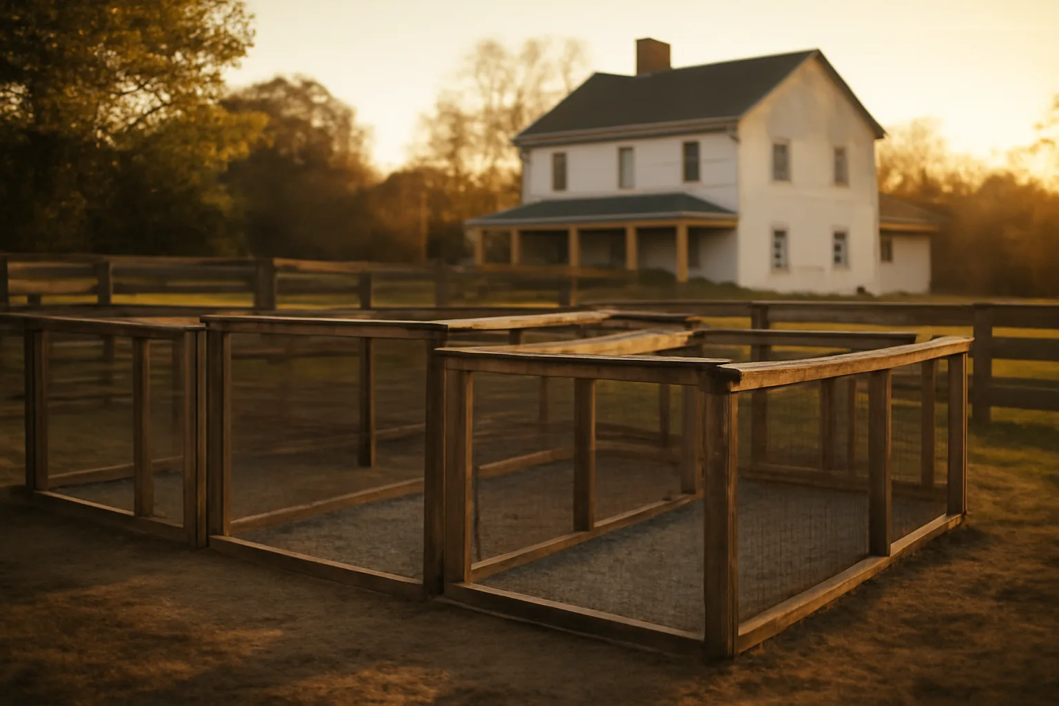 Rural North Carolina backyard dog kennel runs at golden hour light