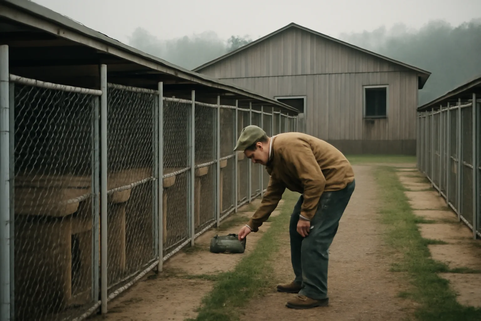 Rural Pennsylvania kennel facility with outdoor dog runs in morning light