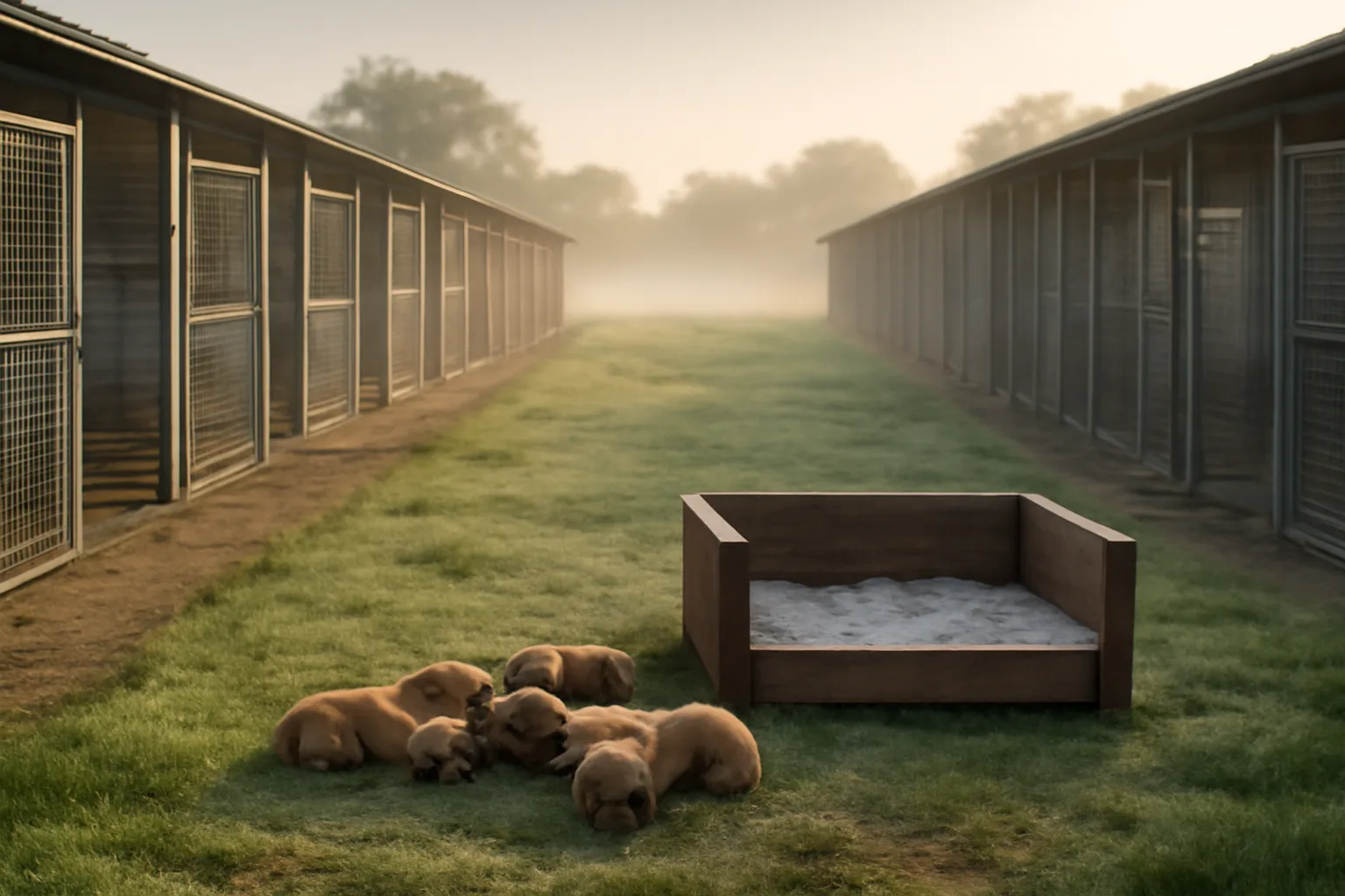 Outdoor whelping and puppy runs on a licensed UK dog breeding property at dawn