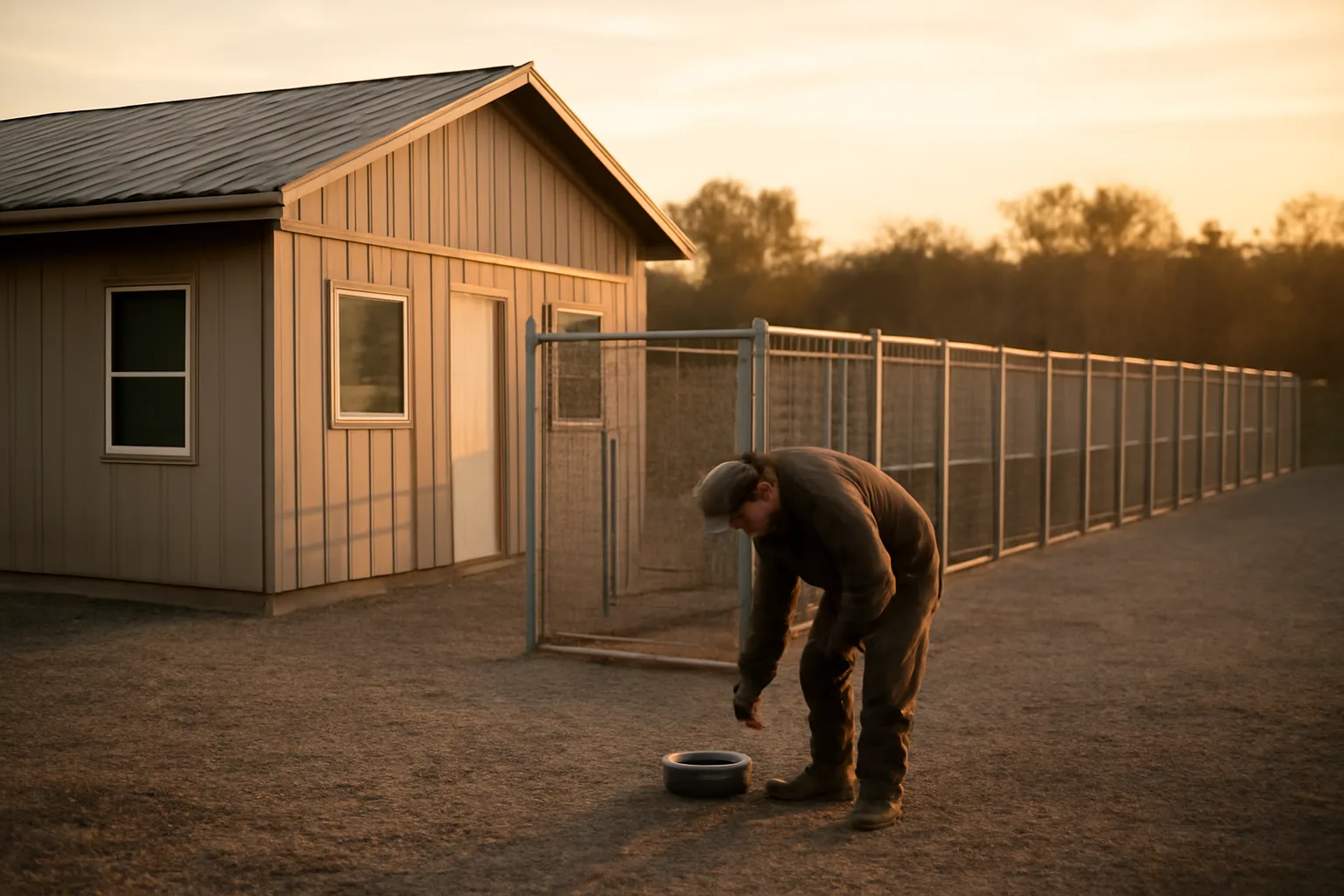 Breeder checking outdoor kennel runs at a licensed dog breeding facility